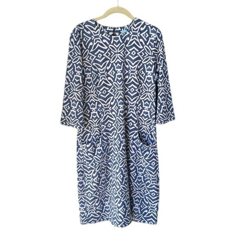 J. McLaughlin Catalyst 3/4 Long Sleeve Sheath Dress Blue White Size L